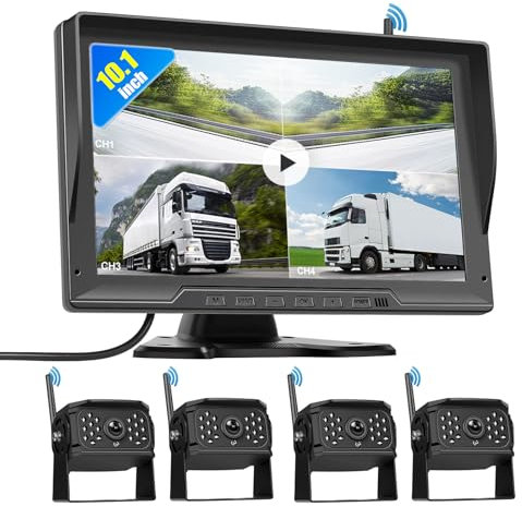 CAMECHO DVR Set di Telecamere Posteriori Senza Fili con monitor IPS da 10 Pollici +4 Telecamere Posteriori, supporto per la Registrazione di Loop/4 Split View/Flip di Immagini per Camion/Aut