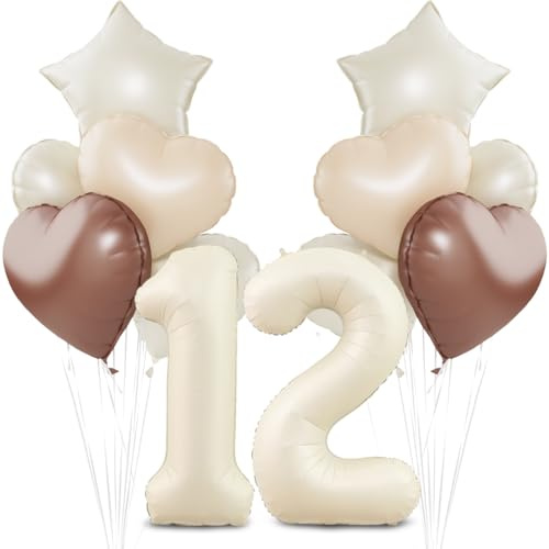 Beige Luftballon 12.Geburtstag,Cremeweiß 12. Geburtstag Ballon Deko,XXL 40 Zoll luftballon 12.，Beige Aprikose Braun Herz Stern Folienballons，für 12 Jahre Geburtstagsdeko Jubiläum Party Dekoration