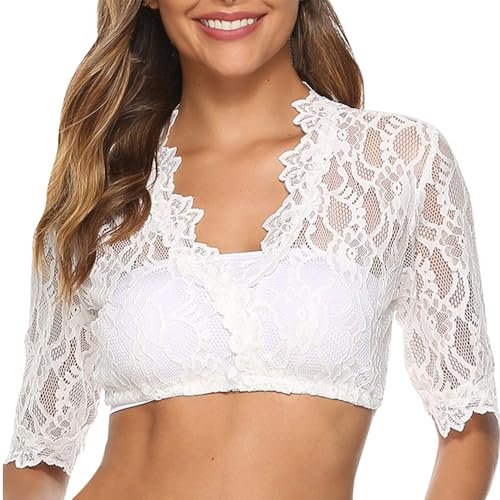 FFWTPY Camisetas Manga Corta Mujer Blusa Elegante con cuello en V Sexy de Dirndl Blanca Encaje Blusas Verano Oktoberfest Tradicional Tops para Fiestas (Blanco/S)