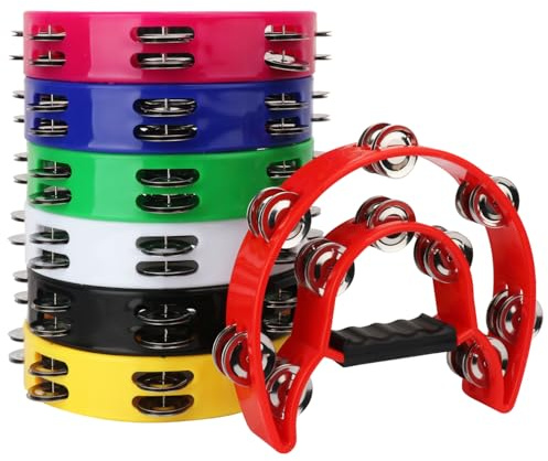 IHDYPPEW 7 Pack Double Row Tambourine – 9.06 inch Professional Handheld Tambourine 20 Metal Jingles, Half Moon Musical Tambourine, Plastic Tambourines for Adults, Music Lovers and Performers
