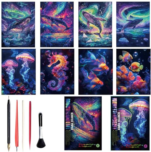 Georgie Porgy Kratzbilder Set DIY Bastelsets für Kinder Erwachsene Magic Rainbow A4 Kratzpapier für Weihnachten Geburtstagsgeschenk mit Kratzwerkzeuge Kit (Nachtleuchtend Meereswelt+Wal)