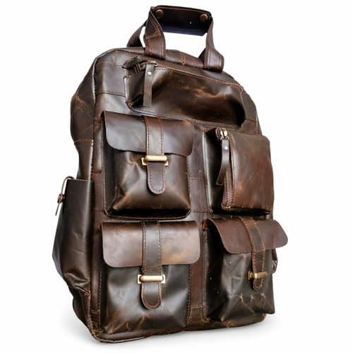 Äkta Läder Herrryggsäck Vintage Laptopväska 17 Tum Flera Fickor Casual Reseryggsäck Väskor Brun, 12X17 inch