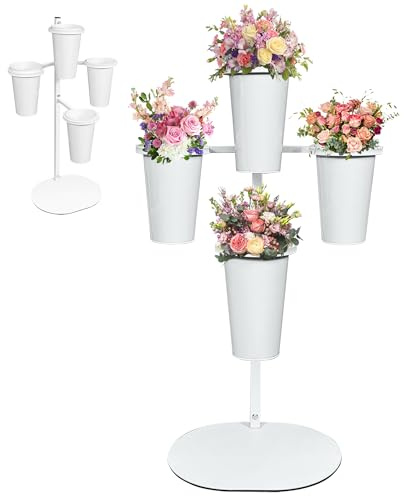 PROLEE Flower Display Stand with 4 Buckets, Flower Pot Stand, Flower Stand Metal, Florist Bouquet Shelf for Wedding, Party, Events, Oval Base, White