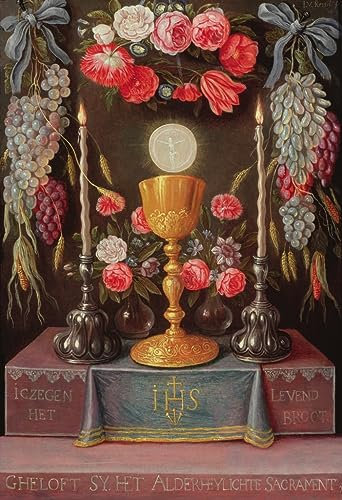 ARToPHIIU Image sur Toile Moderne Impression Tableaux Portrait Tableaux un calice avec l'eucharistie dans un cartoucheDecoré de fleurs et de fruits Pour la Décoration de la Chambre à Coucher 60x90cm
