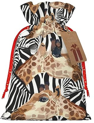 HJLUUFT Weihnachts-Geschenktüte mit Zebra- und Giraffen-Druck, mit Kordelzug und Geschenkanhänger, Jutebeutel, Hochzeit, Weihnachten, Partyzubehör