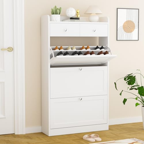 VOWNER Shoe Storage Cabinet 3 Flip Drawers 2 Pull-Out Drawers White | Narrow freestanding cabinet with adjustable shelves for entryway, hallway and living room shoe organization.