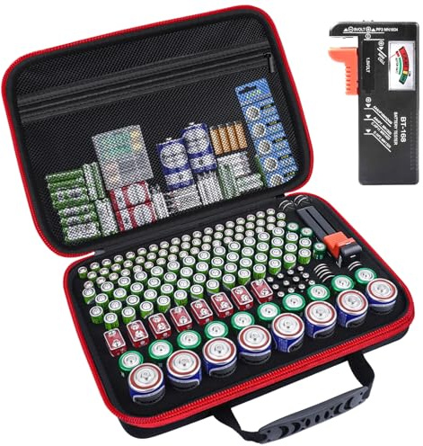 HESPLUS Battery Organizer Storage Case, Large Waterproof Carrying Bag Containers Box Holder Holds 210+ Batteries AA AAA C D 9V 3V - with Battery Tester BT-168, Black&Red (Case Only)
