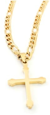 Lifetime Bling 18K Small Gold Cross Necklace Pendant Charm with 5MM Figaro Chain Gift for Men Women Husband Wife Baptism Religious w/real strong Solid Clasp Fashion Jewelry