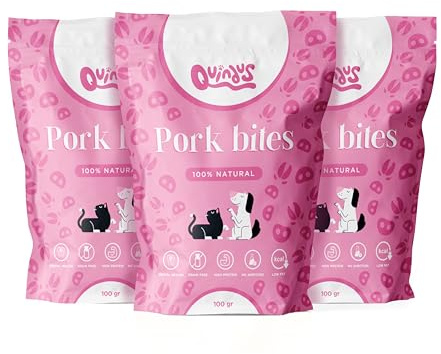 QUINDU'S - Bocados de Cerdo Deshidratado para Perros y Gatos (100g x 3) | Chuches Naturales Hipoalergénicas | Snacks con Proteína Magra y Alta Palatabilidad | Dieta Barf