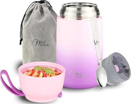 Milu® Thermobehälter für Essen 800ml, Edelstahl, Thermo Lunchbox, Suppenbehälter to go, Thermobox, Thermodose zum Warmhalten Suppen, Babybrei, Speisebehälter, breiwärmer unterwegs, Rosa Violett 800ml