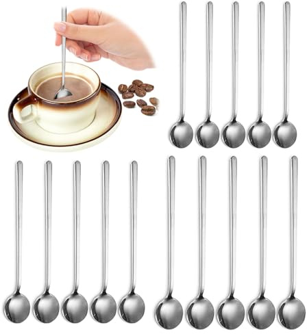 15 cucchiai da caffè in acciaio inox, con manico lungo, cucchiai in metallo per caffè a casa e bar, 3 dimensioni (da 13 a 17 cm) (argento)