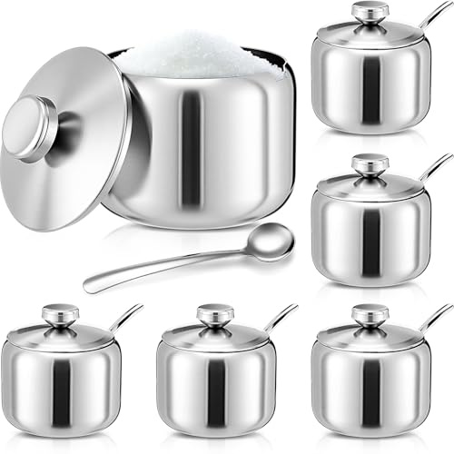 Yiyiring 6 Pcs Stainless Steel Sugar Bowl with Lid and Spoon, 8.45 oz Sugar Containers Round Condiment Dispenser, Seasoning Jar for Serving Pepper Seasoning Bar Kitchen(Round Finial, Silver)
