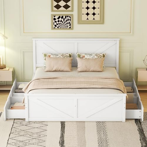 Generisch Doppelbett 160x200 cm, Bett mit 4 Schubladen, Holzbett mit Lattenrost, Bett für Jugendliche Erwachsene Schlafzimmer (Ohne Matratze) Kiefernholz+MDF Weiß