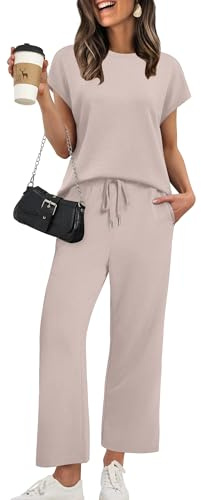 Loungewear Sets Woman 2 Piece Summer Outfits Fashion Lounge Sets Spring Travel Tracksuits Wide Leg Airport Tracks Suit Cap Sleeve Resort Cruise Wear Women's Vacation Clothes Clothing Apricot M