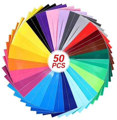 QinOustore 50 Stück Plotterfolie Vinyl – 25 Farben Selbstklebende Vinylfolie Plotter für Auto, Fenster, Glas, Wände und DIY Anpassung (30.5x21cm)