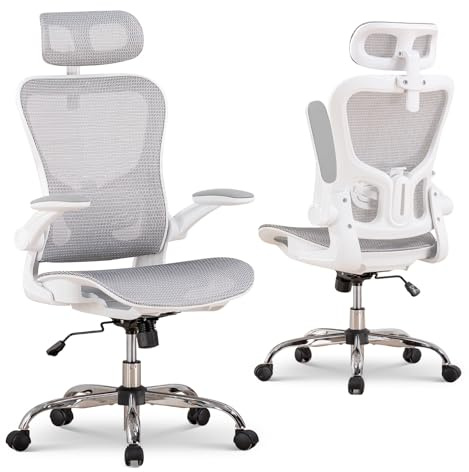 GTPLAYER Bürostuhl Ergonomisch, Schreibtischstuhl mit Verstellbarer Kopfstütze, Armlehnen, Lendenwirbelstütze, Büro Stuhl & Gaming Stuhl Wippfunktion, Chefsessel aus Mesh, 150kg(Weiß)