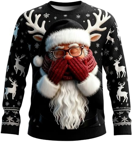 Jultröja, herr, sweatshirt, jul, rund hals, rolig funky stickad tröja, 3D-tryck, ful jultröja, långärmad skjorta, julfest, stil, kostym, svart, M