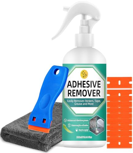 Sticky Stuff Remover Spray, potente solvente adesivo con raschietto e asciugamano, rimuove adesivi, colla, nastro, etichette su vetro, plastica, moquette, auto, 300 ml