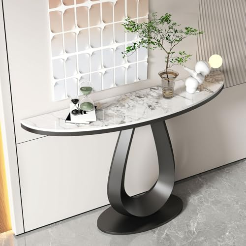Consolle da ingresso moderna in stile crema, tavolini da divano a forma di mezzaluna con piano in pietra sinterizzata, tavolo da accento for corridoio tavolo da foyer stretto.(Black,80x35x80cm)