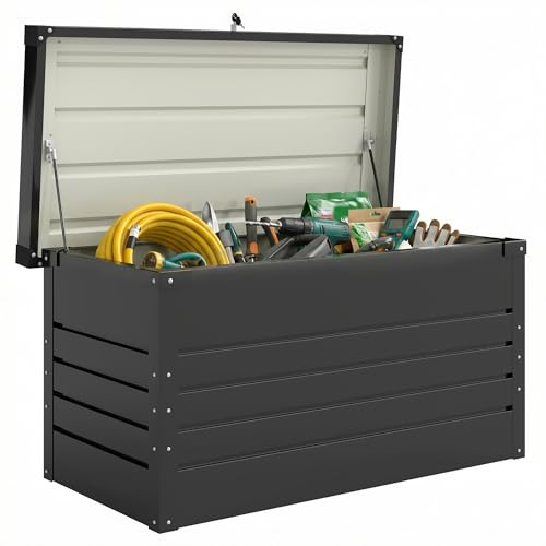 Outsunny Coffre de rangement en métal 350L - boîte de jardin en acier galvanisé étanche avec double vérins à gaz - malle de rangement verrouillable pour coussins, outils et terrasse, gris anthracite