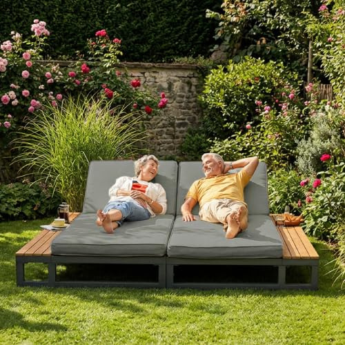 Merax Outdoor Patio Daybed – Multifunktionales, wasserdichtes Sofabett, Doppel-Liegebett mit Regalen, verstellbare Rückenlehne, Sun Lounger für Terrasse, Garten & Balkon – Grau