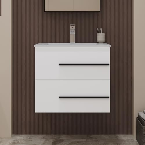 LDarqeer Waschbecken mit Unterschrank 60 cm breit, Waschbeckenunterschrank, Badmöbel Set für Gäste-WC, Hängender Waschtisch mit Keramikwaschbecken, Weiß Hochglanz Badmöbel mit 2 Soft-Close-Schubladen