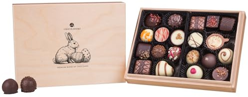 CHOCOLISSIMO Regalo de Pascua - 20 Bombones Finos Hechos a Mano en Una Elegante Caja de Madera - Lujosa Mezcla de Pralinés para Entendidos, Idea de Regalo para Mujeres, Hombres, Mamá, Papá