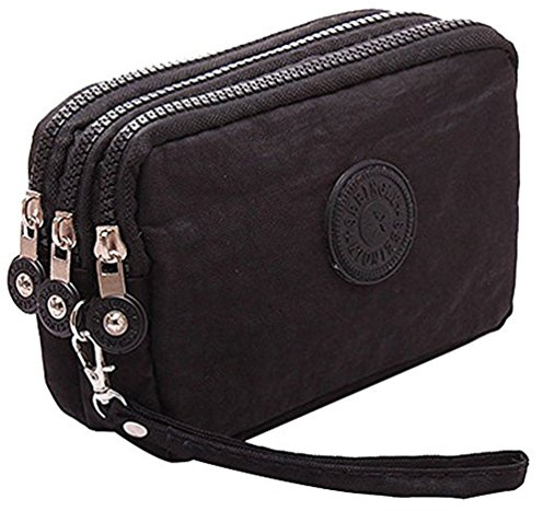 HYJMA Multifunction 3 Layers Zipper Key Card Phone Pouch Coin Money Bag Purse Wallet (Black)