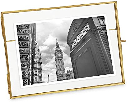 Isaac Jacobs 5x7, Antique Gold, Vintage Style Brass and Glass, Metal Floating Picture Frame (Horizontal) with Locket Closure, for Photos, Art, More, Tabletop Display (5x7 Antique Gold)