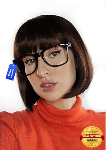 ALLAURA Kompatibel mit Velma Perücke - Braune Bob Perücke mit Brille für Frauen - Cosplay Flapper Perücke mit Pony Cartoon Detektiv Look Halloween Kostüm Dora Style Retro Nerdy Outfit Zubehör