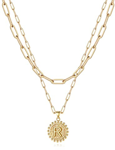 Yoosteel Collares con inicial de oro para mujer, chapados en oro de 14 quilates, cadena de eslabones con clip de papel, collar de cadena de eslabones con inicial de moneda, collares en capas para