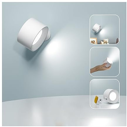 Feallive Lampada da parete a LED Moderna, Applique da parete Controllo touch Bianco/Modalità di luminosità calda Batteria ricaricabile Faretti da parete Ruotare di 360° magnetica Lampada da comodino
