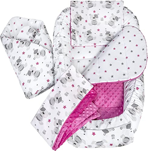 Medi Partners Babynestset för nyfödda - 100x60x15 cm 5-delat portabelt nest vändbart 100% bomull (Nallebjörn med mörkrosa minky)