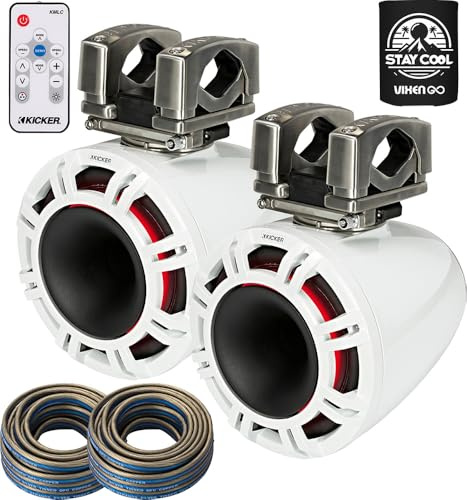 KICKER Wake Tower Speakers Bundle of 4 Items - 9 Horn-Loaded Marine Speakers White (Pair) with LED Lights Remote Controller and Speaker Wire (40FT). Water Resistant, Weather Proof System for Boat