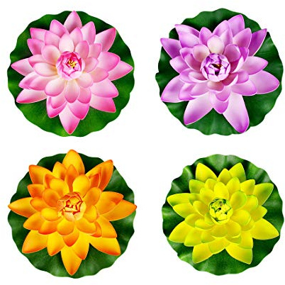 Superdream 4PCS Large Artificial Floating Lotus Flowers, Home Garden Pond Aquarium Wedding Decor (7inch) (Orange, Green, Purple, Pink)