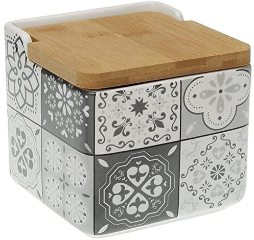 TIENDA EURASIA® Salero de Cocina de Cerámica con Tapa Diseños Originales - 12,2 x 12,2 x 11,5 cm (Mosaico Gris, Salero - 12,2 x 12,2 x 11,5 cm)