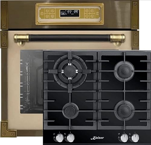 Kaiser Herdset EH 6726 ElfAD + KCG 6380 Turbo, Retro Einbau Backofen 80L, Elektro Backofenset – 11 Betriebsfunktionen + Einbau Gas Kochfeld 60 cm, Schwarz Glas, Erdgas/Propangas/Fl.Gas