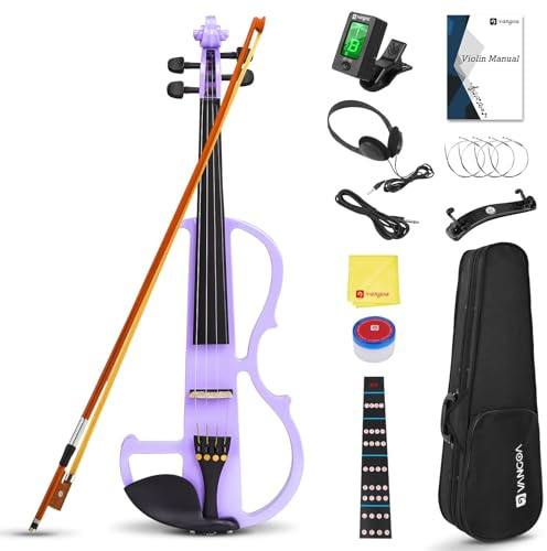 Vangoa 4/4 Electric Silent Violin Solid Wood Full Size Fiddle with Shoulder Rest, Violin Case, Extra Strings, Audio Cable, Bow, Purple