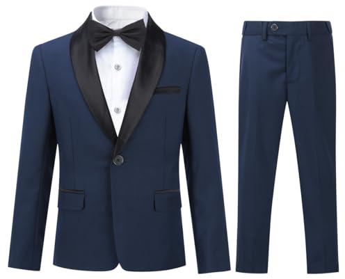 Sliktaa Boys Two Piece Formal Suit Shawl Lapel Blazer Trousers Set | Shawl lapel one button blazer lined interior real pockets matching trousers for weddings school photos and parties events