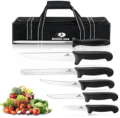 Mossy Oak Kitchen Knife Set, 6 PCS Chef Knives with Roll Bag, Sharp Stainless Steel Camping Knife for Cutting Meat, Fruits & Vegetables, Practical Gifts Knife Set for Women Men Cooking Lovers