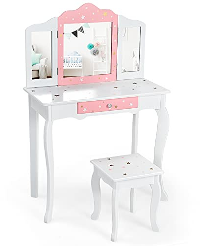 LIFEZEAL Schminktisch mit Hocker, Kinder Kosmetiktisch mit 3-fachem Abnehmbarem Spiegel, 2-in-1 Frisiertisch mit Schublade, Make-up Tisch aus Holz, für Mädchen, Weiß + Rosa (Weiß)