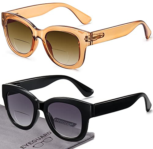 EYEGUARD 2 Stück übergroße bifokale Lesebrille für Damen, UV400-Schutz, Outdoor-Brille mit Federscharnier, Sonnenbrille Leser, schwarz/braun