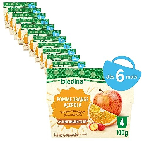 BLEDINA - Coupelles de fruits bébé - Pommes, Orange, Acerola - Riche en Vitamine C - Dès 6 mois - 48 coupelles de 100g