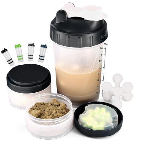 Hydro2Go 16oz Protein Shaker Bottle with Shaker Ball and 2 Storage Jars | BPA-Free Plastic Cup with Clear Measurement Scale | Perfect for Protein Mixes and Pills | Portable Pre-Workout Drink Cup Black