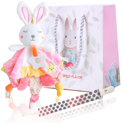 EAQ Baby Comforters,Rabbit Infant Nursery Comforter,Baby Girl Gifts,Baby Essentials for Newborn soft baby toys for Newborn Easter gifts with gifts bag and Dummy Clips