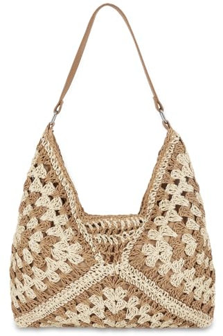 UIXIZQ Stroh-Hobo-Strandtasche für Damen und Mädchen, gewebte Tragetasche, Sommer, gehäkelt, Schultertasche, Vintage, faltbare Handtasche für Reisen, Urlaub, Braun