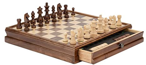 HAVVMK 2-in-1-Schachspiel aus Holz mit Schubladen, handgefertigtes Schachbrett-Set mit Damesteinen und 2 zusätzlichen Damen, 15-Zoll-Deluxe-Schach für Erwachsene, Schachgeschenke