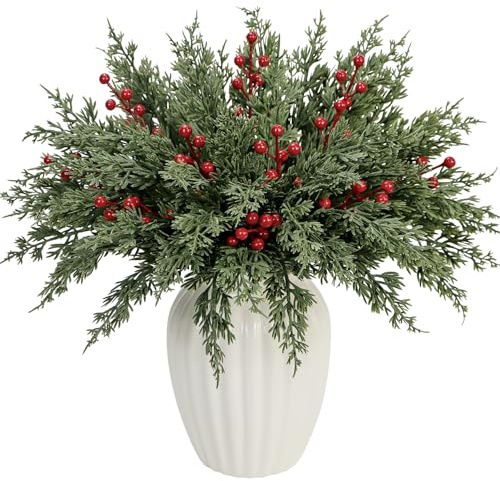 KKSTY 30 Pcs Artificial Pine Branches with Berry Stems,10.5 Faux Evergreen Pine Picks Fake Greenery Foliage Sprigs Cypress Leaves Stems for Christmas Wreath DIY Vase Filler Home Decoration (Red)