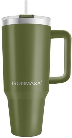 IronMaxx Cup mit Griff - Olive Grün 1,2L | mit inkludiertem Strohhalm | Schlankes modernes Design aus rostfreiem Edelstahl | doppelwandige Isolierung | hält Warm und Kalt