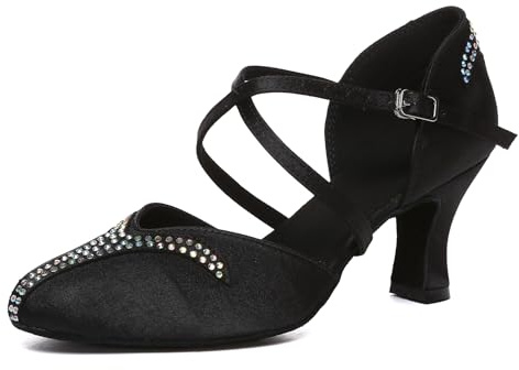 Chaussures de Danse Latine Salon en Satin pour Femmes avec Strass Bout Fermé Intérieur Talons de Danse Salsa Tango,39,Noir-5cm